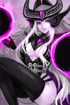  belt black_gloves breasts cleavage ear_protection forehead_protector gloves helmet highres kumiko_shiba large_breasts league_of_legends long_hair orb pale_skin purple_eyes purple_skin silver_hair solo syndra thighhighs very_long_hair 