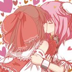  blush bow brown_hair closed_eyes cuffs detached_sleeves double_bun flower hair_bow hakurei_reimu heart highres ibaraki_kasen kiss multiple_girls pink_hair puffy_sleeves rose shackles shanshan short_sleeves touhou yuri 