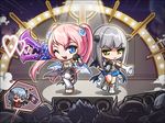  1boy 2girls angelic_buster blue_eyes concert elbow_gloves gloves grey_hair horn long_hair lowres maplestory microphone multiple_girls smile twintails wings wink 