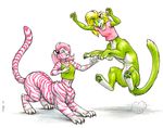  chakat couple feline female fur green green_fur hair jumping mammal megan_giles pink pink_hair pink_markings pink_stripes plain_background playing stripes taur tiger white_background white_fur 