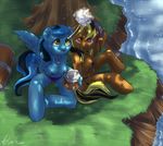  anthrofied atryl beer breasts cider dappled_light earphones equine female headphones horse keg mammal my_little_pony original_character panties pegasus river shade sitting tongue tongue_out toungue_out underwear wings yellowjacket_(moonshines) 