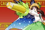  adapted_costume alternate_headwear alternate_weapon arm_cannon bird_wings black_wings breasts brown_hair caution corn hat large_breasts long_hair natas_red navel open_mouth radiation_symbol red_eyes reiuji_utsuho skirt smile solo standing straw_hat third_eye touhou weapon wings 