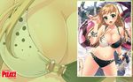  action_pizazz bag bikini blonde_hair bracelet breasts cleavage earrings fang green_eyes highres jewelry kuon_michiyoshi large_breasts long_hair navel open_mouth polka_dot polka_dot_bikini polka_dot_swimsuit shiny shiny_skin smile solo sunglasses swimsuit wallpaper zoom_layer 