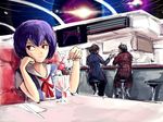  ayanami_rei chin_rest crossover drawfag food formal highres ice_cream neon_genesis_evangelion pinstripe_suit purple_hair red_eyes restaurant school_uniform short_hair striped suit sundae the_hitchhiker's_guide_to_the_galaxy 