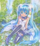  7th_dragon_(series) 7th_dragon_2020 animal animal_on_shoulder aqua_eyes aqua_hair bird bird_on_shoulder black_legwear blush bow hatsune_miku long_hair mayo_riyo sample sitting skirt smile solo thighhighs traditional_media twintails very_long_hair vocaloid water waterfall 