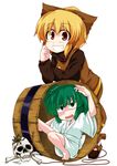  blonde_hair blush bone bow brown_eyes bucket bug d-so green_eyes green_hair grin hair_bobbles hair_bow hair_ornament in_bucket in_container kisume kurodani_yamame long_sleeves multiple_girls open_mouth rope short_hair skull smile spider sweatdrop touhou twintails wide_sleeves wooden_bucket 