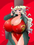  1girl amano_taiki blonde_hair blue_eyes breasts cleavage curvy erect_nipples female fur_hat gigantic_breasts hammer_and_sickle hat highres hips huge_nipples long_hair mound_of_venus one-piece_swimsuit phone solo soviet soviet_union standing swimsuit thick_thighs thighs ushanka wide_hips 