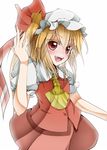  ascot asuku_(69-1-31) bad_id bad_pixiv_id blonde_hair blush flandre_scarlet hair_ribbon hat highres open_mouth puffy_sleeves red_eyes ribbon short_hair short_sleeves side_ponytail solo touhou white_background 