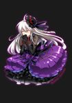  braid caffein closed_eyes dress elbow_gloves flower frills full_body gloves gothic_purple_(module) hands_clasped hat highres long_hair own_hands_together project_diva_(series) project_diva_extend silver_hair simple_background solo vocaloid yowane_haku 
