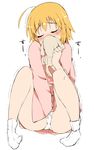  ahoge blonde_hair blush closed_eyes female_pervert haroukitei_kigurumi holding japanese_clothes joshiraku panties pervert short_hair simple_background sitting smelling socks solo stuffed_animal stuffed_toy tera_zip underwear white_background white_panties 