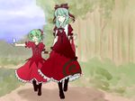  aqua_hair arm_ribbon bag boots bow child closed_eyes cross-laced_footwear dress food front_ponytail green_eyes green_hair hair_bow hair_ornament hair_ribbon hakano_shinshi holding kagiyama_hina long_hair mother_and_daughter multiple_girls pointing popsicle red_dress ribbon short_hair skirt skirt_hold skirt_pull touhou tree 