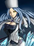  belinda_(unlight) black_sclera blue_hair breasts cape cleavage corset elbow_gloves gloves hat highres huge_breasts ice kumiko_shiba large_breasts long_hair miniskirt one_eye_closed skirt skull solo staff unlight white_gloves 
