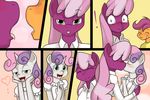  &lt;3 absurd_res anthro anthrofied band-aid band_aid blush cheerilee_(mlp) clothing comic dress equine female friendship_is_magic green_eyes hair hi_res horn horse kissing kloudmutt lesbian mammal my_little_pony pony scootaloo_(mlp) sweetie_belle_(mlp) tongue two_tone_hair unicorn young 