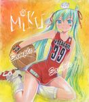  39 aqua_eyes aqua_hair bandaid basketball basketball_uniform blush character_name hair_ribbon hat hatsune_miku holding long_hair looking_at_viewer mayo_riyo resized ribbon sample smile solo sportswear sweatband twintails very_long_hair vocaloid 