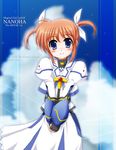  blush bow brown_hair copyright_name dress english fingerless_gloves flipper gauntlets gloves hair_bow lyrical_nanoha magical_girl mahou_shoujo_lyrical_nanoha mahou_shoujo_lyrical_nanoha_the_movie_1st md5_mismatch purple_eyes short_twintails smile solo takamachi_nanoha twintails 