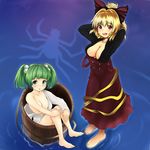  bad_id bad_pixiv_id bare_shoulders barefoot blonde_hair blush bow breast_slip breasts bucket cleavage collarbone error ginji74 green_eyes green_hair hair_bobbles hair_bow hair_ornament in_bucket in_container kisume kurodani_yamame large_breasts long_sleeves multiple_girls off_shoulder one_breast_out open_mouth red_eyes short_hair touhou twintails wooden_bucket wrong_feet 