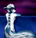  blue_fur blue_hair breasts canine droopy_ears fangs female fennec fluffy_tail fox fur hair looking_at_viewer looking_back mammal nude pacmancorp pink_nose purple_background red_eyes side_boob solo standing two_tone_hair wall white_fur white_hair 