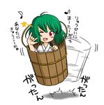  &gt;_o \m/ blush bucket eighth_note green_hair in_bucket in_container kisume look-alike macross macross_frontier microphone musical_note one_eye_closed parody red_eyes sakurato_tsuguhi seikan_hikou shadow simple_background solo star touhou translated white_background wooden_bucket 