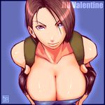  breast_squeeze breasts brown_hair cleavage fingerless_gloves gloves huge_breasts jill_valentine purple_eyes resident_evil resident_evil_3 sawao short_hair solo 
