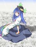  blue_hair food fruit hane_(hanegoya) hat hinanawi_tenshi long_hair peach solo touhou 