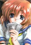  artist_request blue_eyes card highres higurashi_no_naku_koro_ni holding holding_card orange_hair playing_games ryuuguu_rena school_uniform serafuku short_hair solo 