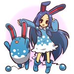  :d animal_ears azumarill blue_hair blush_stickers bunny_ears gen_2_pokemon hitec long_hair moemon open_mouth personification pokemon pokemon_(creature) simple_background smile standing tail 
