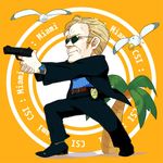  badge belt bird black_suit blonde_hair chibi csi csi_miami formal gun handgun horatio_caine lowres male_focus nemurism palm_tree pistol police_badge seagull solo suit sunglasses tree watch weapon 