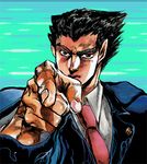  araki_hirohiko_(style) gyakuten_saiban jojo_no_kimyou_na_bouken jojo_pose lowres male_focus manly naruhodou_ryuuichi parody pointing pose shio_(kuroame) solo style_parody 