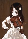  bangs black_hair brown_background brown_eyes brown_hair closed_mouth copyright_request cowboy_shot dress eyelashes flower frown gloves hair_flower hair_ornament hairpin instrument lace long_hair music outstretched_arms pale_skin playing_instrument shiden_(t41xz) short_sleeves solo violin white_dress white_flower white_gloves 
