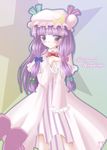  bangs blunt_bangs blush bow dress from_side hair_bow hat highres iganseijin long_hair long_sleeves looking_at_viewer mob_cap multi-tied_hair patchouli_knowledge pink_dress purple_eyes purple_hair solo standing touhou very_long_hair 