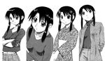  azuma_kiyohiko azumanga_daiou greyscale highres japanese_clothes kimono kurosawa_minamo midriff monochrome official_art short_hair sidelocks 