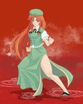  braid china_dress chinese_clothes dress fighting_stance green_eyes hat hong_meiling long_hair neio red_hair ribbon solo touhou twin_braids 