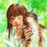  ;d blush brown_hair cat claws closed_eyes collarbone collared_shirt fur green_shirt holding konchiki long_hair long_sleeves lowres one_eye_closed open_mouth original paws shirt smile solo upper_body whiskers 