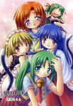  blonde_hair everyone furude_rika half_updo highres higurashi_no_naku_koro_ni houjou_satoko kurasawa_makoto multiple_girls ryuuguu_rena siblings sisters sonozaki_mion sonozaki_shion twins 