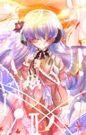  artist_request blush dress flower hair_flower hair_ornament hairpin hanyuu higurashi_no_naku_koro_ni long_hair long_sleeves magic_circle number parted_lips red_dress roman_numerals silver_hair solo upper_body very_long_hair 