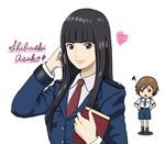  adjusting_hair black_hair book brown_eyes brown_hair chikkun_(tikuona) heart kasahara_iku long_hair multiple_girls necktie shibasaki_asako short_hair toshokan_sensou uniform 