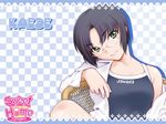 arm_support bangs bare_shoulders black_hair blue_swimsuit border chair character_name checkered checkered_background clothes_writing competition_school_swimsuit copyright_name game_cg glasses green_eyes kiriyama_taichi labcoat light_smile logo looking_at_viewer one-piece_swimsuit open_clothes parted_bangs rimless_eyewear short_hair sitting smile soga_kaede solo sweet_home swimsuit swimsuit_under_clothes upper_body 