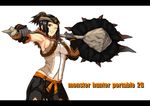  23_(real_xxiii) armpits black_hair blango_(armor) blue_eyes breasts elbow_gloves gloves huge_weapon large_breasts monster_hunter muscle one_eye_closed rajang_(armor) solo weapon 