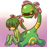  costume cradily gen_3_pokemon green_hair hitec long_hair moemon personification pokemon pokemon_(creature) ponytail simple_background sitting turtleneck yellow_eyes 