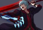  blue_eyes claws devil_bringer devil_may_cry devil_may_cry_4 ippo left-handed male_focus nero_(devil_may_cry) red_queen_(sword) solo sword weapon white_hair 