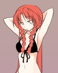  armpits arms_behind_head arms_up bikini braid front-tie_top hong_meiling long_hair lowres mizoguchi_keiji navel no_pupils red_hair simple_background solo swimsuit touhou twin_braids 