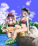  arano_oki bikini blue_hair breasts cleavage day food food_print fruit hat hinanawi_tenshi large_breasts multiple_girls nagae_iku peach purple_hair ribbon short_hair side-tie_bikini striped striped_bikini swimsuit touhou watermelon_print 