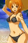  beach bikini breasts brown_eyes day hat highres medium_breasts nami_(one_piece) ocean one_piece orange_hair short_hair solo straw_hat sun_hat swimsuit tattoo underboob yukke 