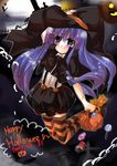  artist_request black_hat black_skirt blue_eyes bubble_skirt furude_rika halloween_costume hat higurashi_no_naku_koro_ni long_hair looking_at_viewer puffy_short_sleeves puffy_sleeves purple_hair short_sleeves skirt solo striped striped_legwear suspender_skirt suspenders very_long_hair witch_hat 