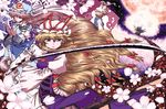  blonde_hair cherry_blossoms eyes flower gap hat katana long_hair long_sleeves miyamoto_ryuuichi multiple_girls petals pillow_hat pink_hair ribbon saigyouji_yuyuko short_hair sword tassel touhou tree weapon wide_sleeves yakumo_ran yakumo_yukari 