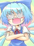  1girl @_@ bad_id bad_pixiv_id blue_hair bow cirno coke-bottle_glasses crossed_arms glasses kakkou open_mouth ribbon short_hair solo teeth touhou wings 