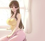  breasts brown_eyes brown_hair camisole cleavage copyright_request hairu huge_breasts light_smile long_hair midriff pants solo window 