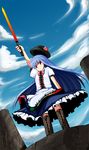  blue_hair fa_no_hito food fruit hat hinanawi_tenshi long_hair peach ribbon solo sword sword_of_hisou touhou weapon 