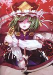  absurdres blue_eyes bow brush flower green_hair hat highres long_sleeves non-web_source one_eye_closed open_mouth ribbon rod_of_remorse scan scan_artifacts scroll shiki_eiki skirt solo touhou writing 