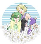  :d ;d bent_over blonde_hair blue_eyes bodysuit final_fantasy final_fantasy_iv fingerless_gloves flower gloves green_hair looking_at_viewer looking_back multiple_girls one_eye_closed open_mouth outstretched_arm red_eyes rosa_farrell rydia short_hair skin_tight smile soranokaze15 
